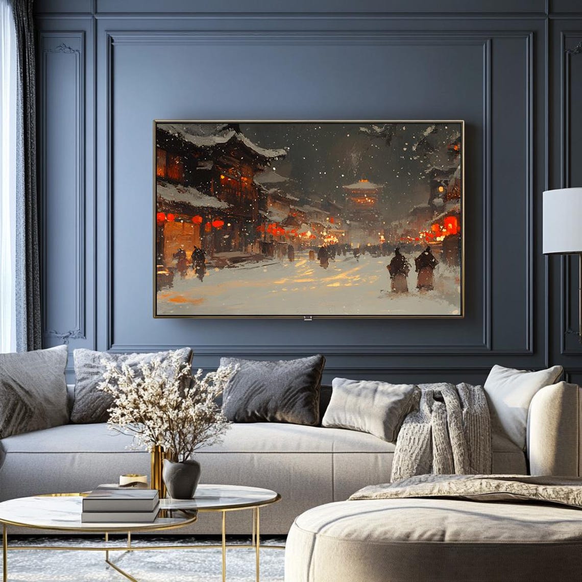 Snowy Night Street with Glowing Red Lanterns Japanese Art Poster - Image 2