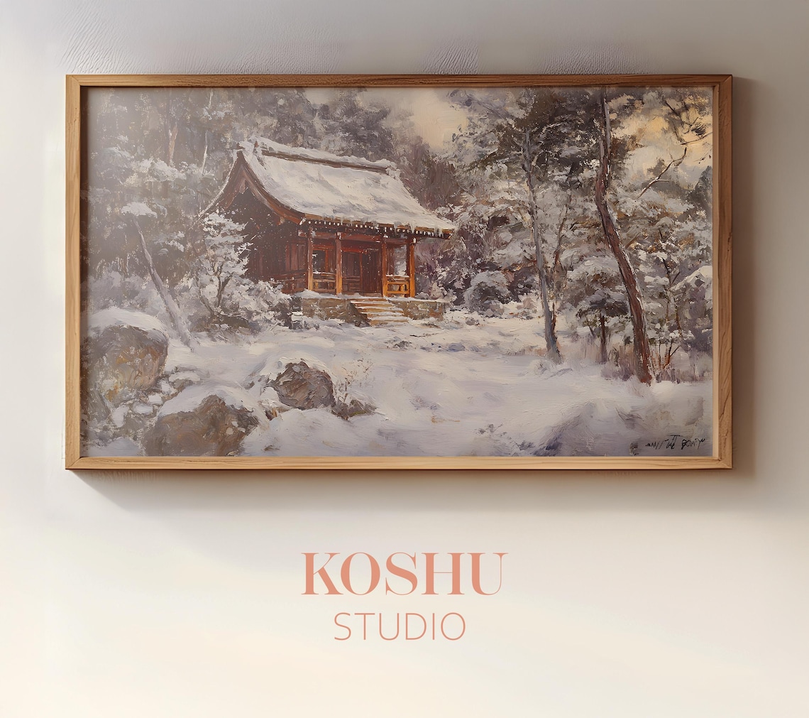 Snow Covered Shrine in a Winter Forest Japanese Oil Painting Poster