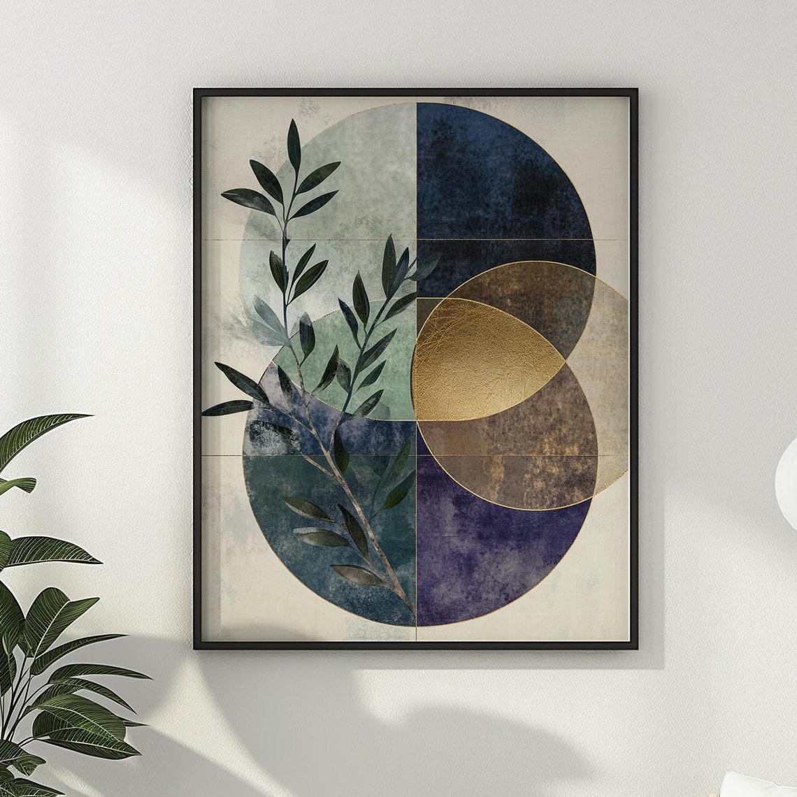 Olive Branch and Geometric Moon Circles Modern Botanical Poster