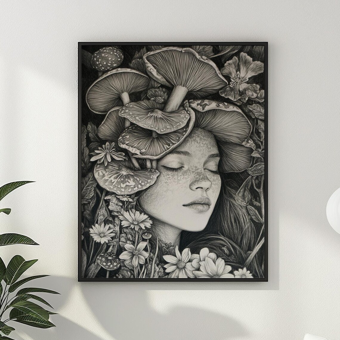 Mushroom Girl Black and White Monochrome Botanical Portrait Art Poster