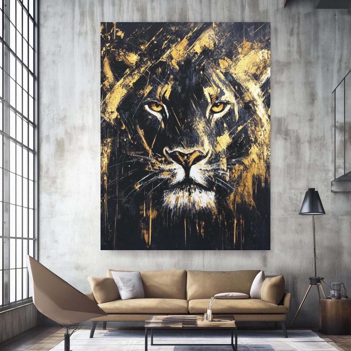 Dramatic Abstract Black Gold Lion Face Modern Wildlife Art Poster
