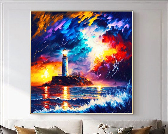 Abstract Lighthouse Oil Painting On Original Colorful Ocean Painting Large Wall Art Hand Painting Custom Painting Home Wall Decor