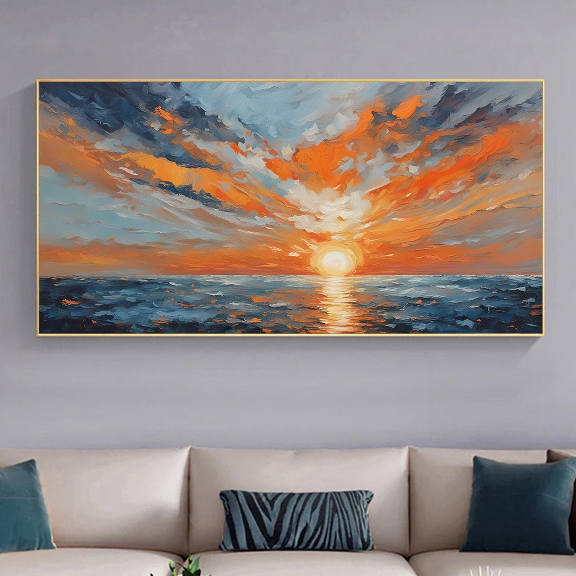 Blazing Orange Sunset Clouds Over the Ocean Oil Painting Poster