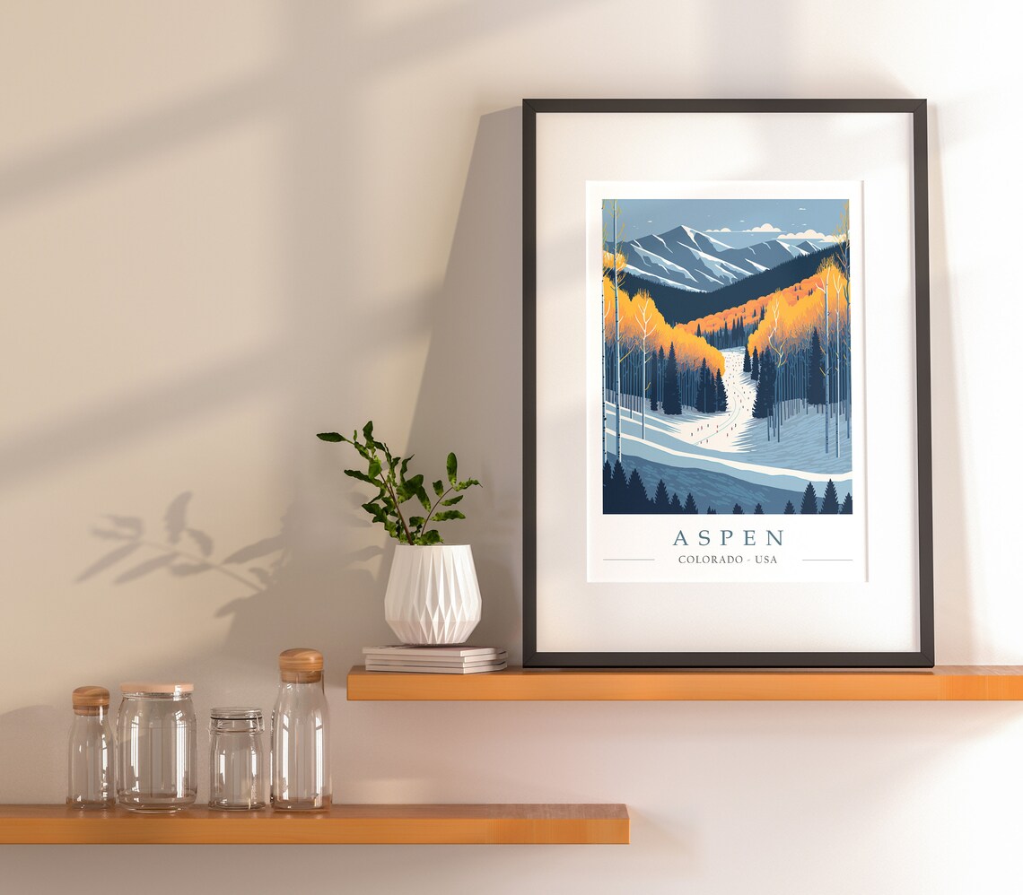 Aspen Colorado USA Winter Ski Slopes with Golden Aspens Poster - Image 2