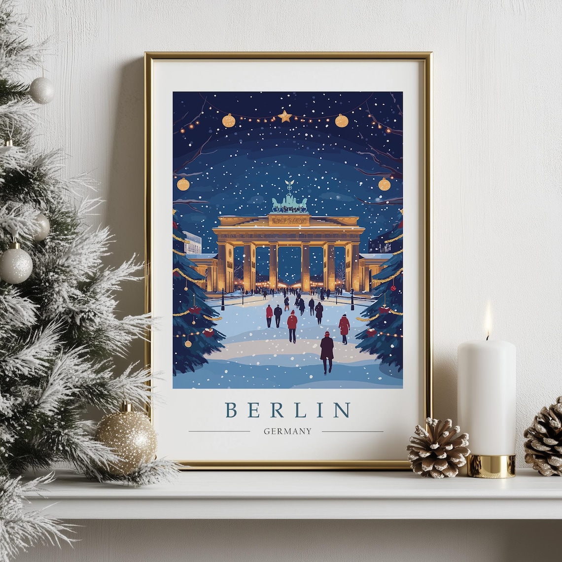 Berlin Christmas Market Brandenburg Gate Snowy Night Travel Poster