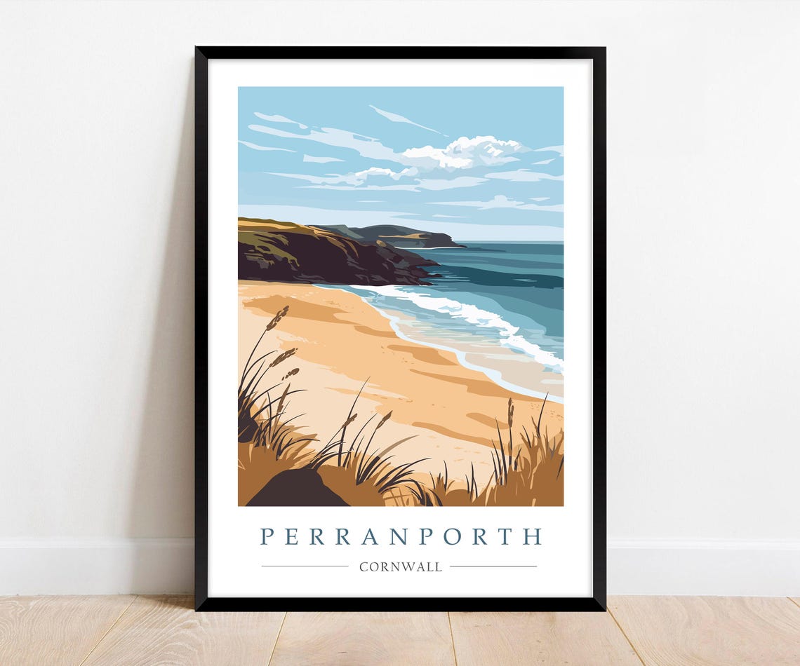 Perranporth Cornwall Sandy Beach with Dunes and Cliffs Poster