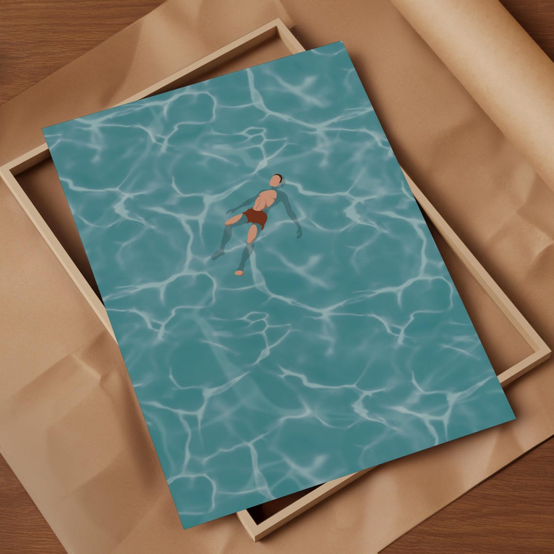 Man Drifting Alone On Sparkling Blue Pool Water Minimalist Poster - Image 4