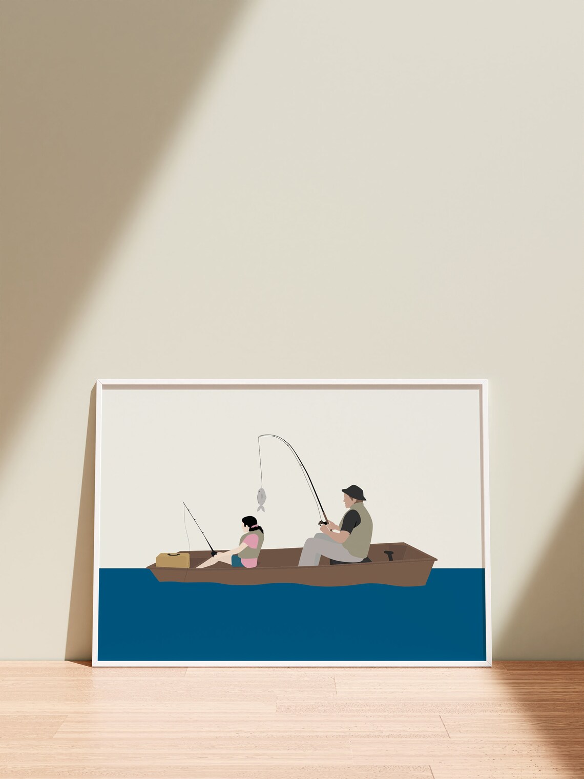 Father Child Fishing Boat Day Minimalist Lake Scene Art Poster - Image 2