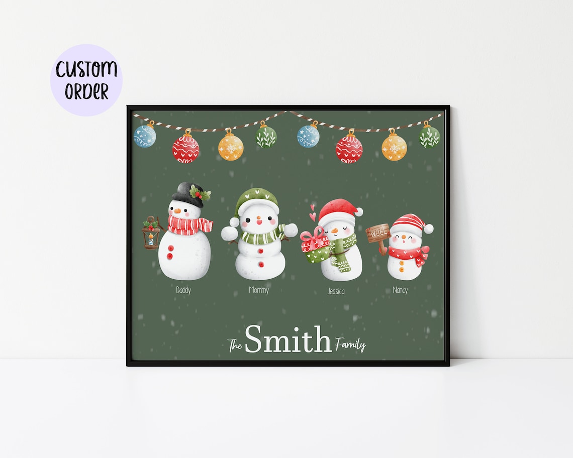 Personalized Snowman Family Christmas Ornament Garland Art Poster - Image 2