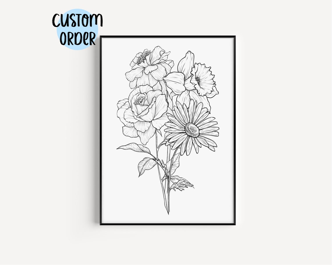 Monochrome Floral Bouquet Line Drawing Roses Daisies Botanical Poster