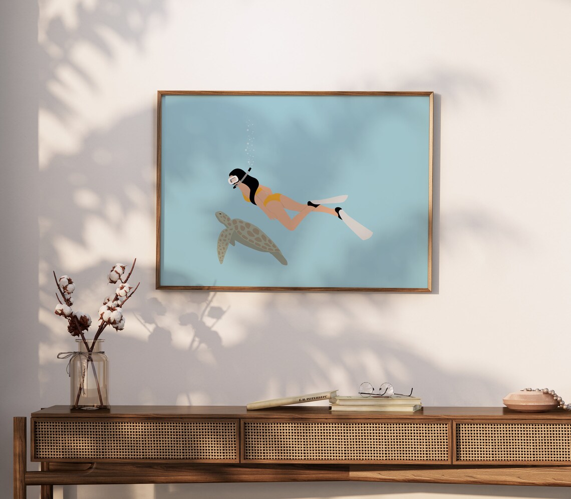 Woman Snorkeling With Sea Turtle Minimalist Ocean Swim Art Poster - Image 2
