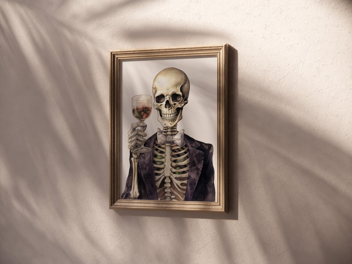 Dapper Skeleton Drinking Wine Watercolor Dark Academia Halloween Poster - Image 4