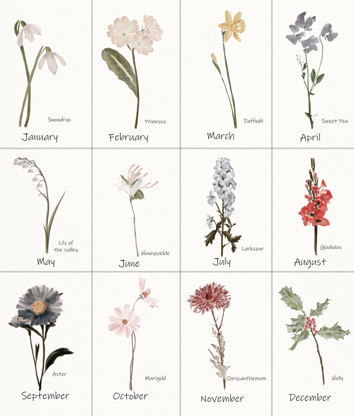 Grandma's Garden Birth Month Flowers Watercolor Art Print - Image 2