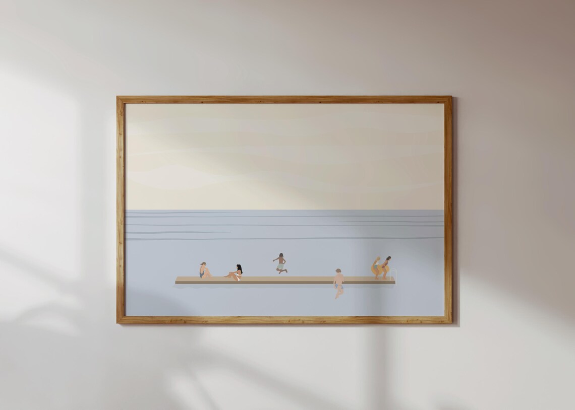 Tiny People Swimming at Lake Dock, Minimalist Art Print - Image 4