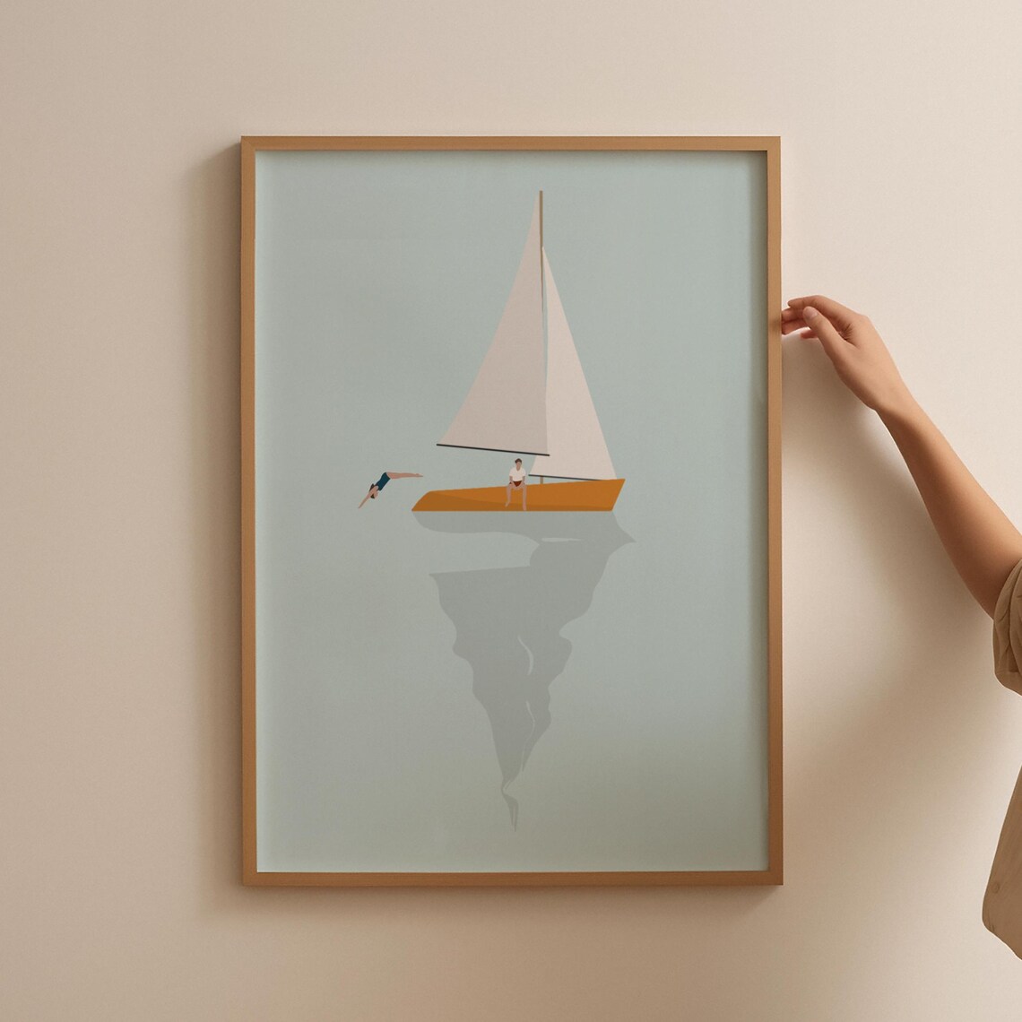 Tiny People on Sailboat Minimalist Beach Poster