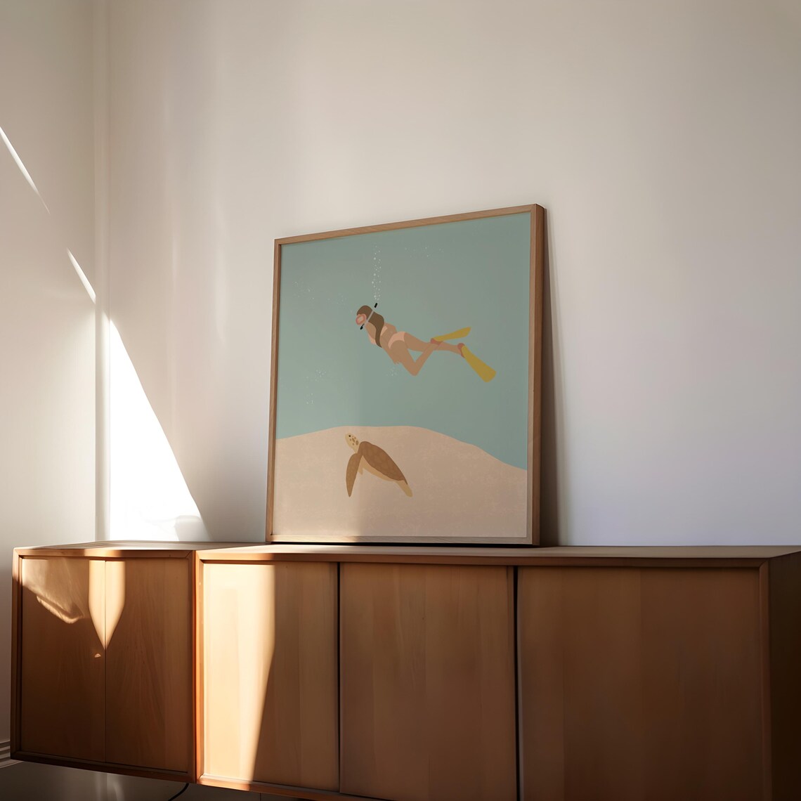 Woman Diving With Sea Turtle, Minimalist Art Print - Image 3