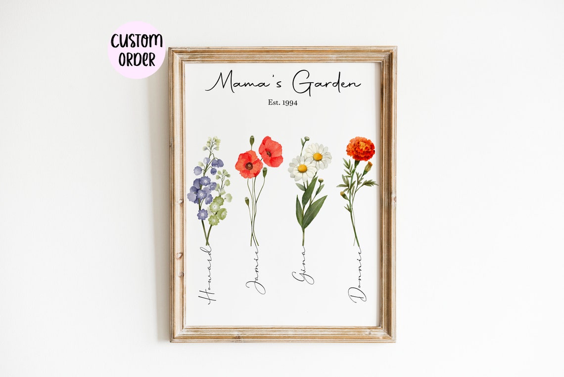 Mamas Garden Est 1994 Four Watercolor Birth Flower Stems Custom Poster