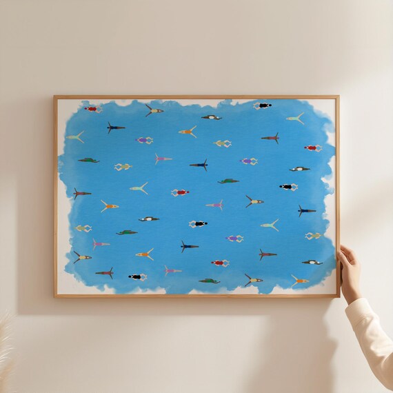 Tiny Women Swimming Watercolor Art Print, Minimalist