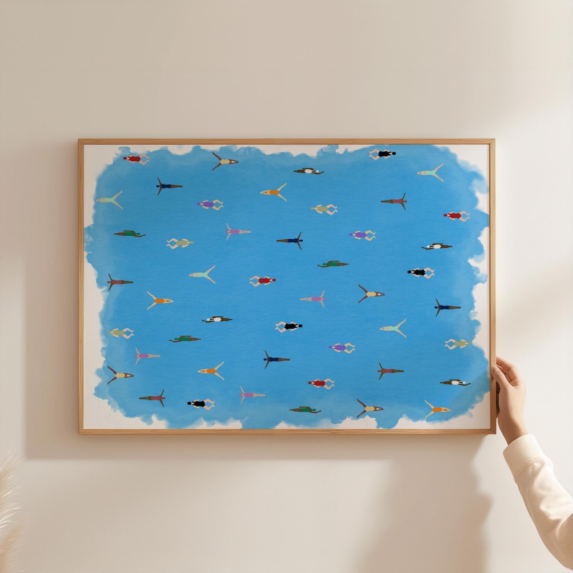 Tiny Women Swimming Watercolor Art Print, Minimalist