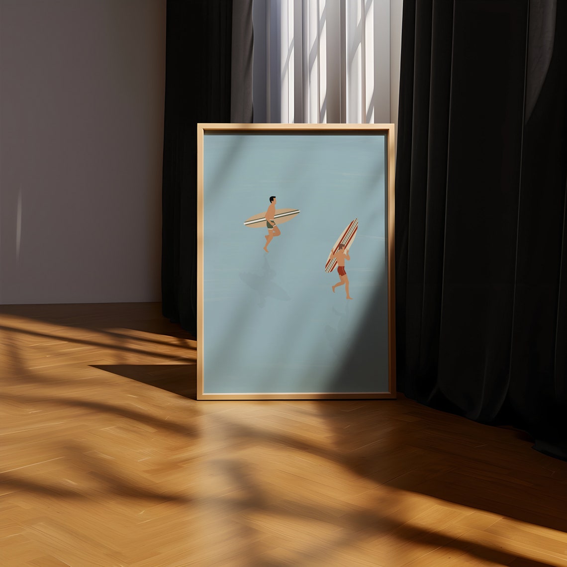 Surfers Wading Blue Water Boards Minimalist Calm Ocean Art Poster - Image 4