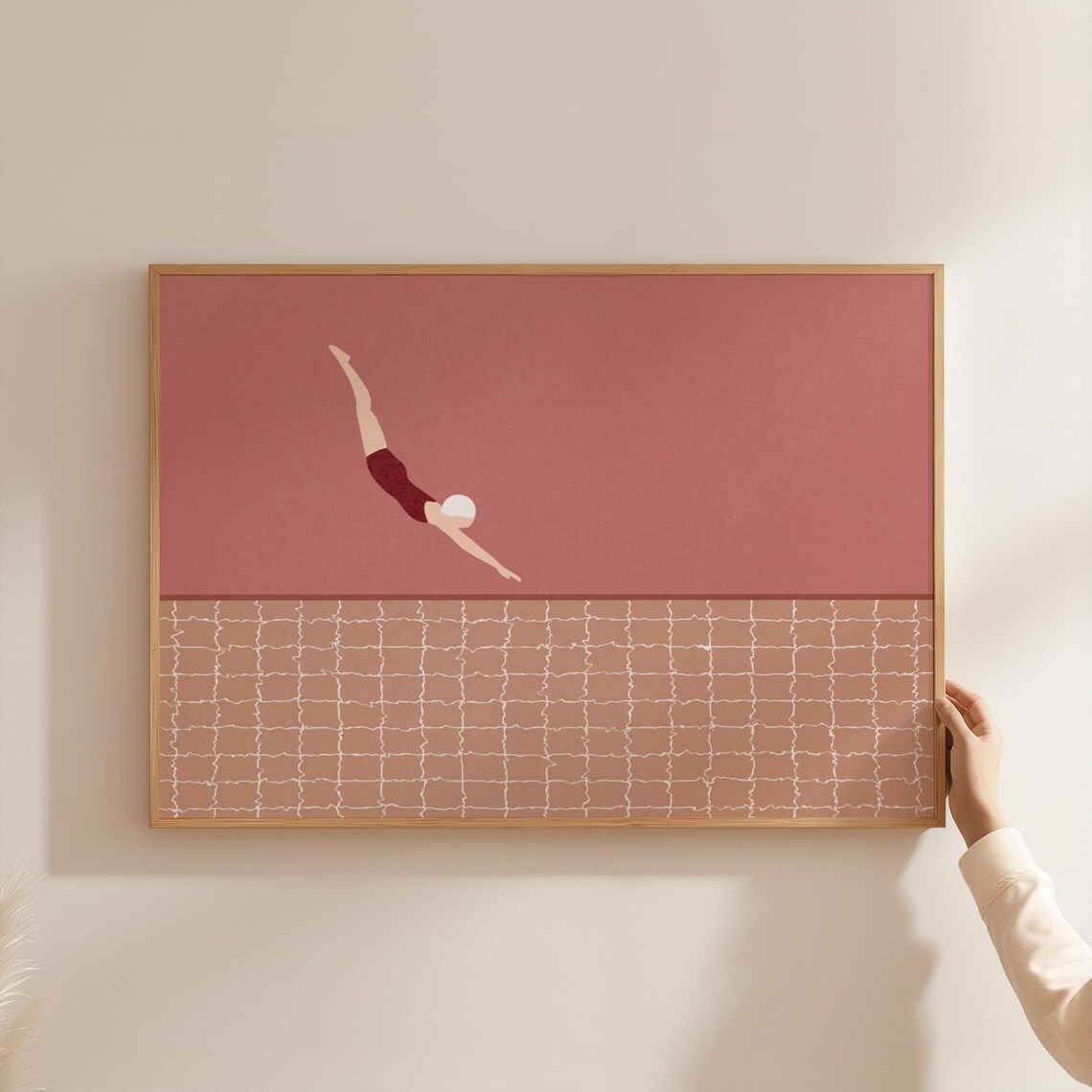 Horizontal Retro Swimmer Diving Print, Vintage Pink Pool - Image 3