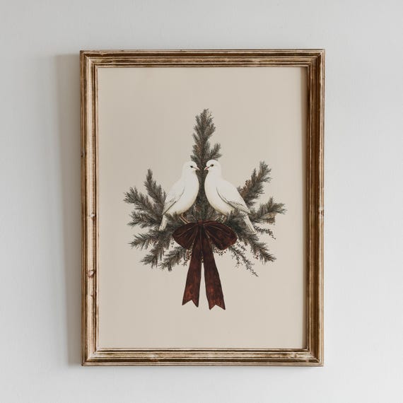 Christmas Doves Vintage Rustic Modern Art Print