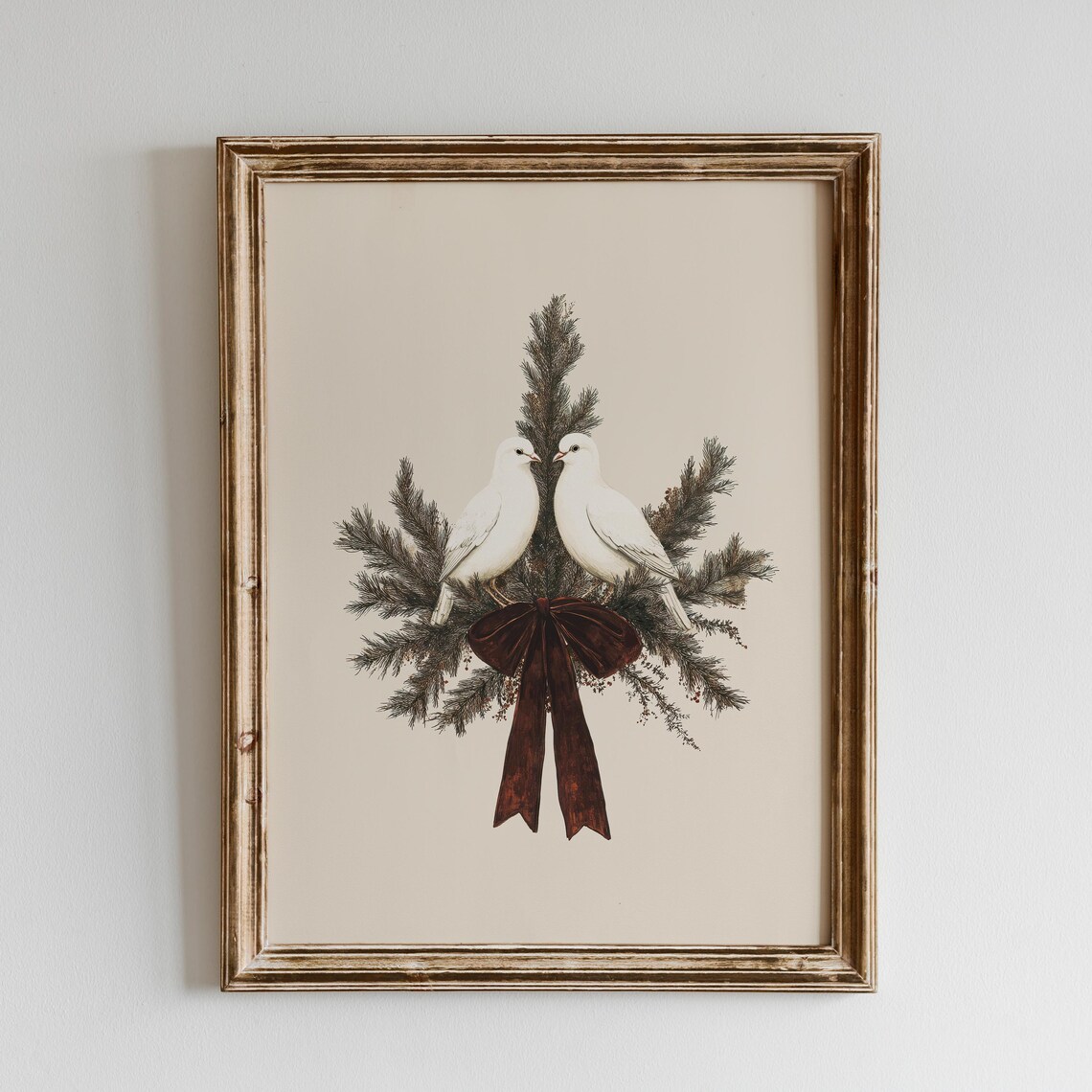 Christmas Doves Vintage Rustic Modern Art Print