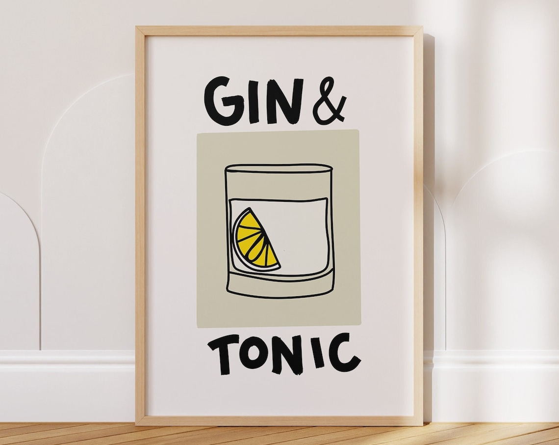 Gin and Tonic Minimalist Bar Poster Hand Drawn Cocktail Glass Art