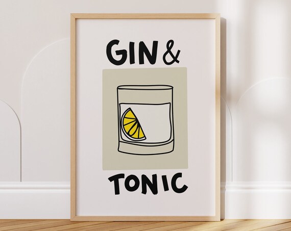 Gin and Tonic Minimalist Bar Poster Hand Drawn Cocktail Glass Art