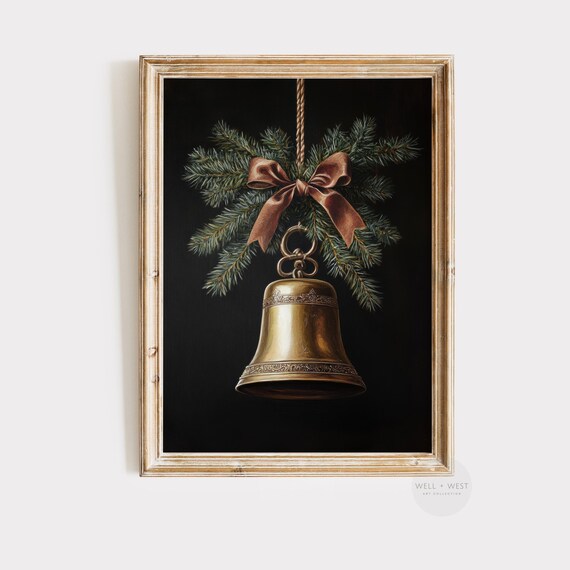 Christmas Bell Print Vintage Style Brass Jingle Bell Wall Art Moody Holiday Seasonal Art Neutral Winter Xmas Decor P372