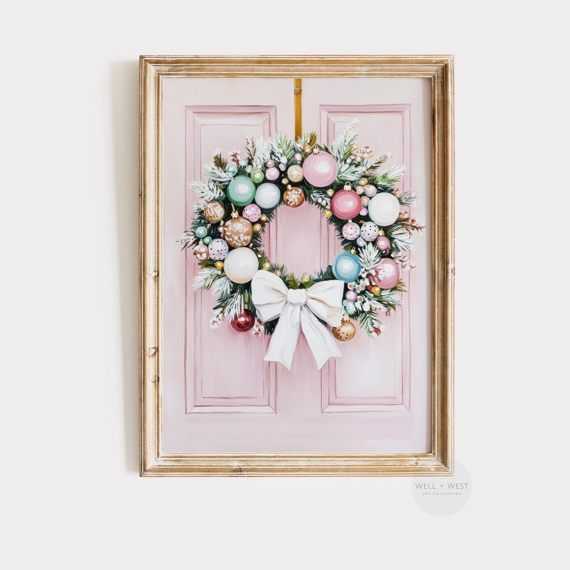Coquette Pink Door Christmas Wreath Pastel Ornaments Holiday Wall Art