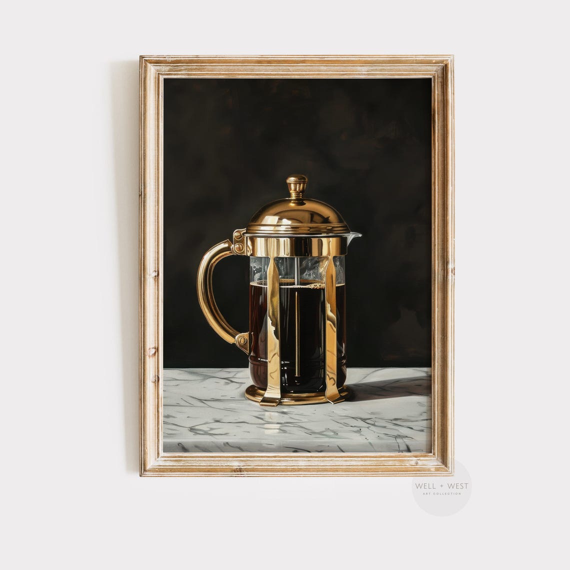 Moody Brass French Press Coffee Dark Kitchen Vintage Coffee Bar Print