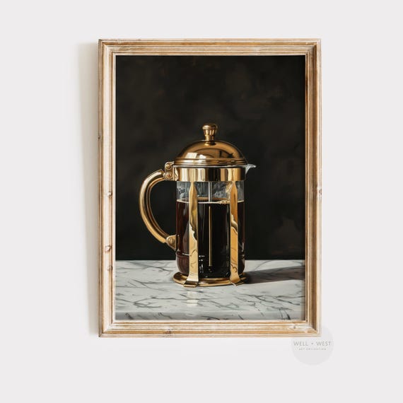Moody Coffee Art Print Brass French Press Painting Neutral Kitchen Wall Art Vintage Style Coffee Bar Decor Coffee Lover Gift P391
