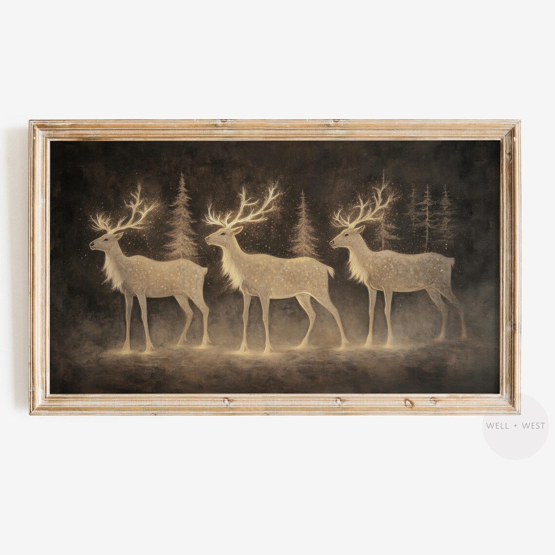 Golden Reindeer Trio Glowing Dark Forest Christmas Holiday Wall Art