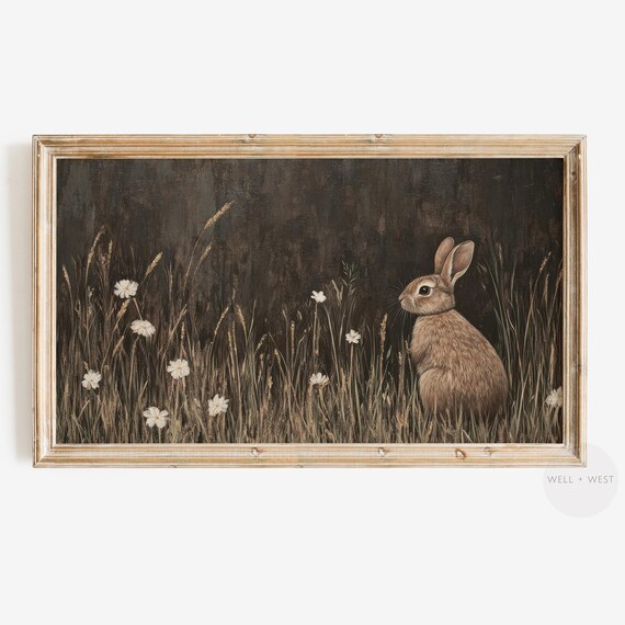 Moody Rabbit Frame Tv Art Vintage Style Wildflower Field Painting Neutral Spring Floral Tv Art Dark Easter Bunny Screensaver Tv420