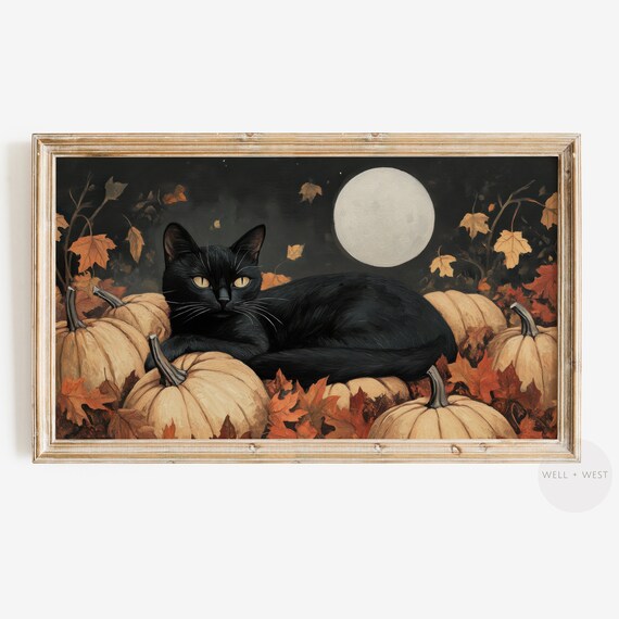 Black Cat Among White Pumpkins Full Moon Halloween Art Print
