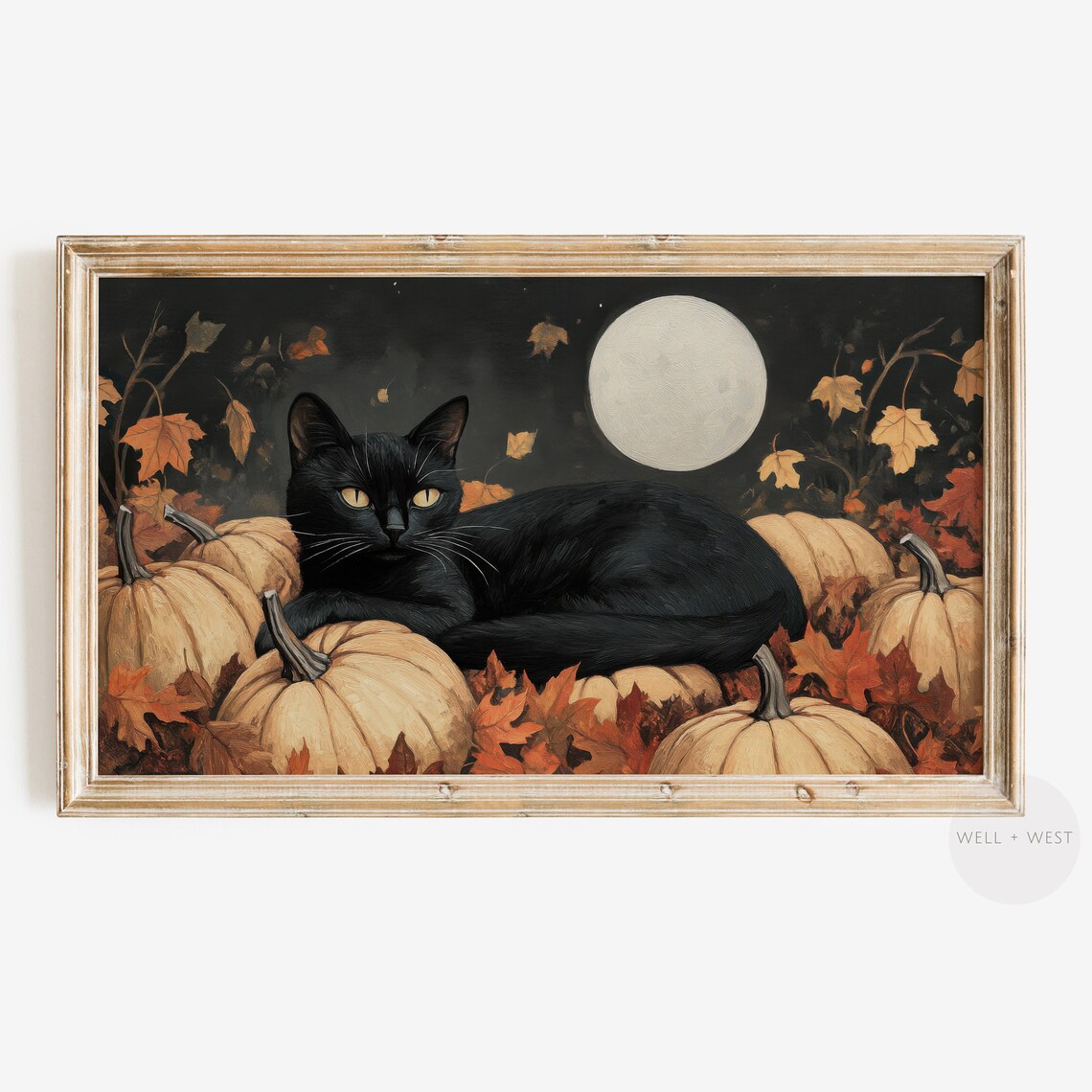 Black Cat Among White Pumpkins Full Moon Halloween Art Print