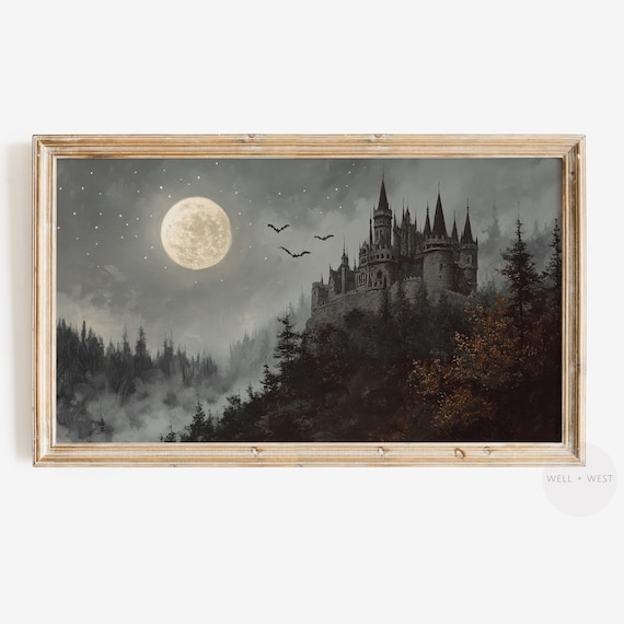 Halloween Frame Tv Art Vintage Style Haunted Castle Painting Spooky Full Moon Art Creepy Bats Tv Art Dark Moody Witchy Decor Tv315