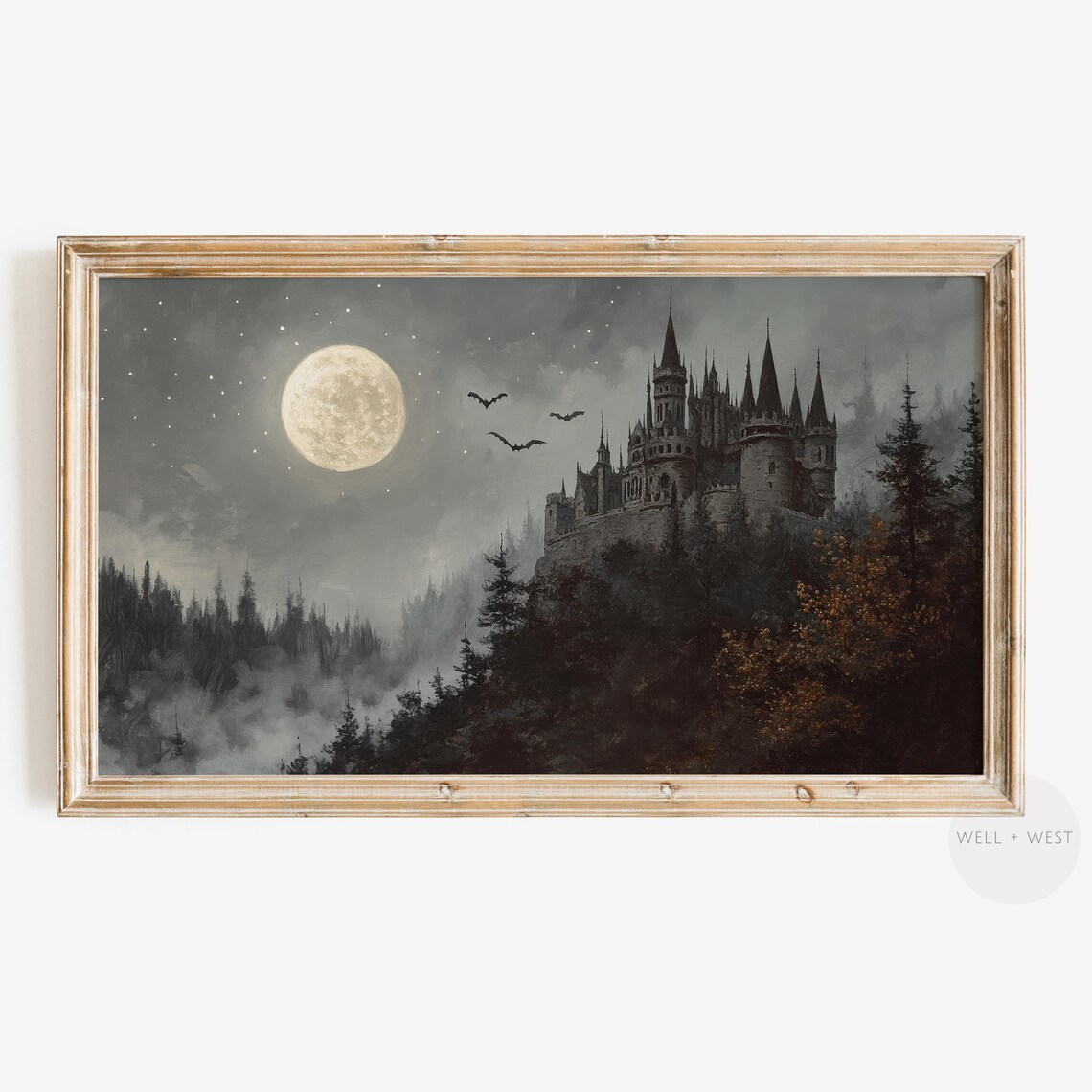 Haunted Castle Under a Full Moon Gothic Spooky Halloween Painting Wall Poster