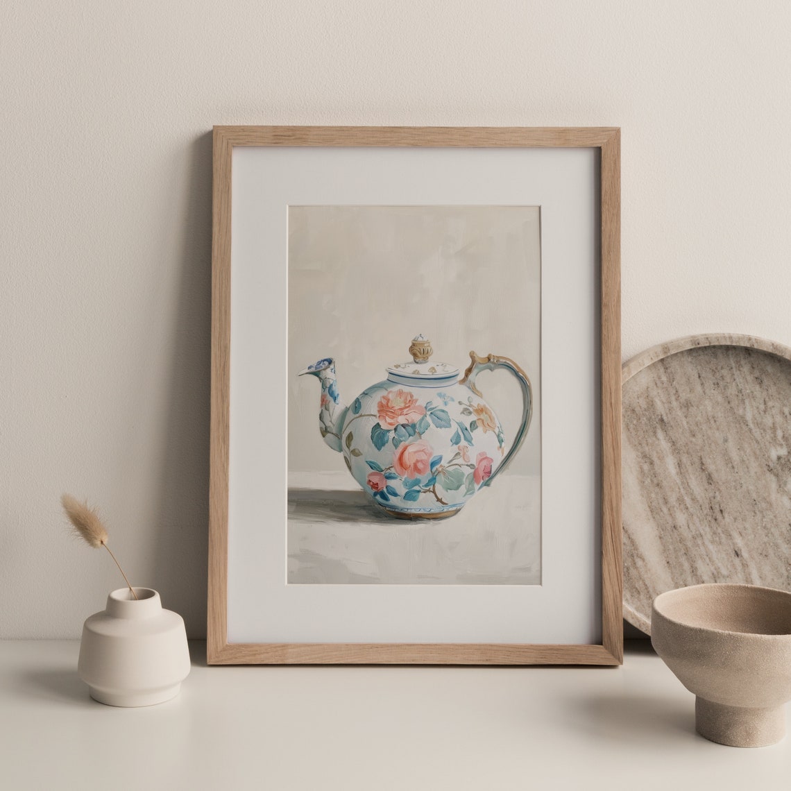 Chinoiserie Tea Pot Print Pastel Fine China Oil Painting Farmhouse Wall Art Antique Teapot Art Still Life Painting P185 - Image 3