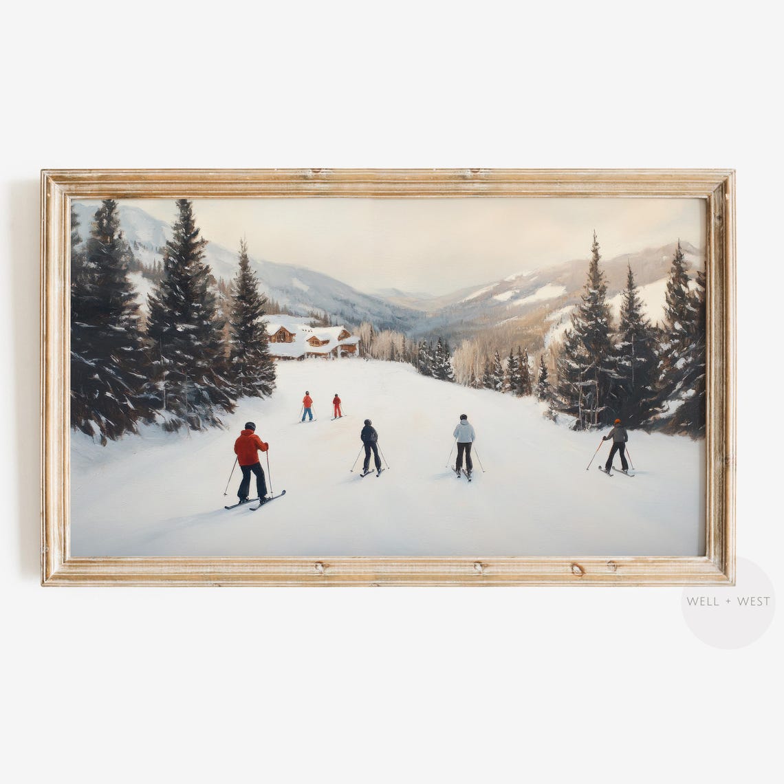 Skiers on a Snowy Mountain Slope Vintage Winter Sports Scene Print