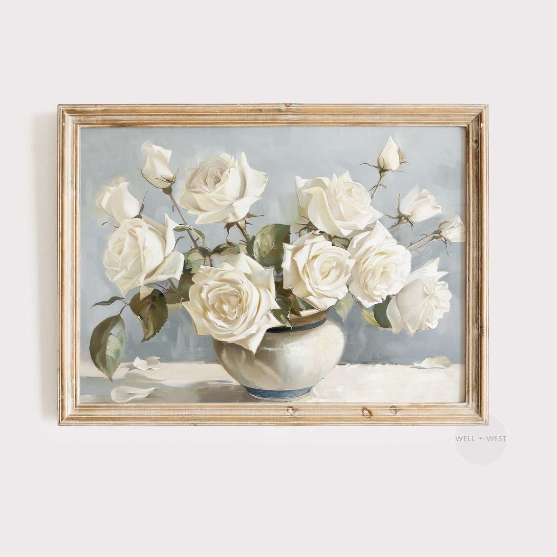 Flower Still Life Print Vintage White Roses In Vase Oil Painting Botanical Farmhouse Decor Spring Floral Bedroom Wall Art P195