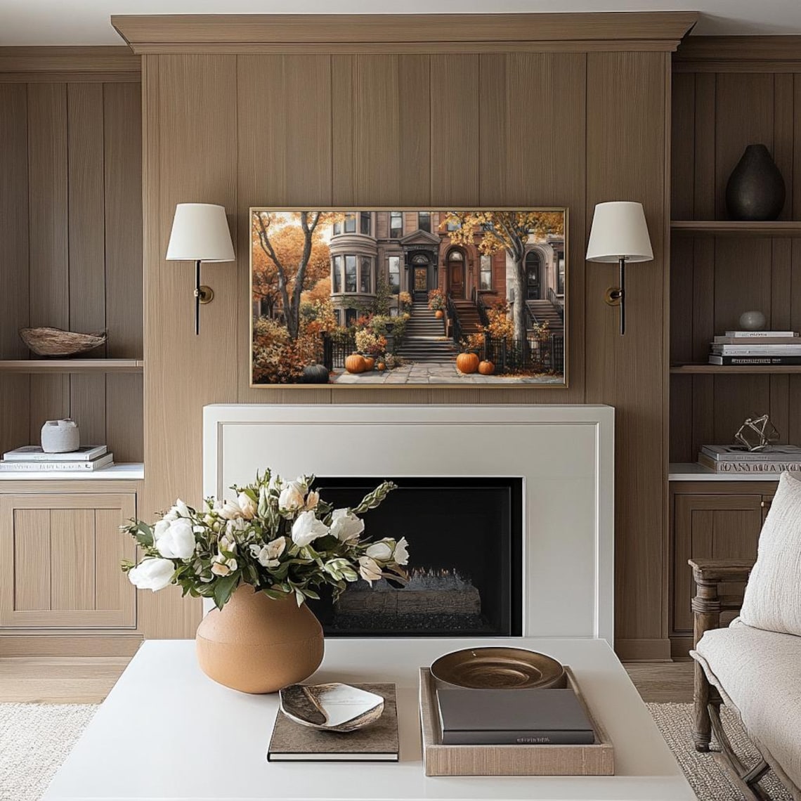 Cozy Autumn Brownstone House, Vintage Fall Art Print - Image 3