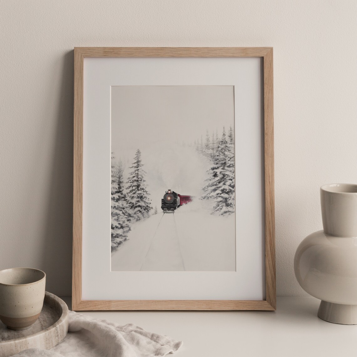Steam Train In Snowy Forest Vintage Winter Christmas Wall Art Print - Image 3