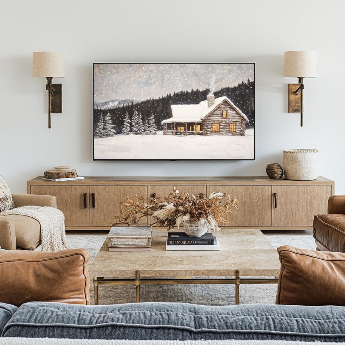 Winter Cabin Neutral Vintage Style Holiday Art Print - Image 3