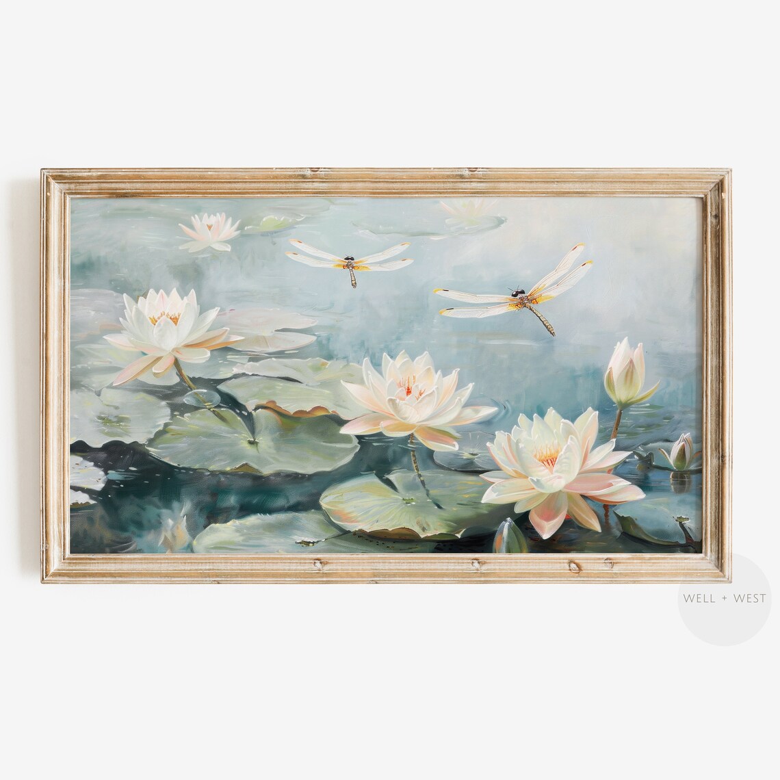 Water Lilies Dragonflies Pastel Pond Vintage Nature Art Poster