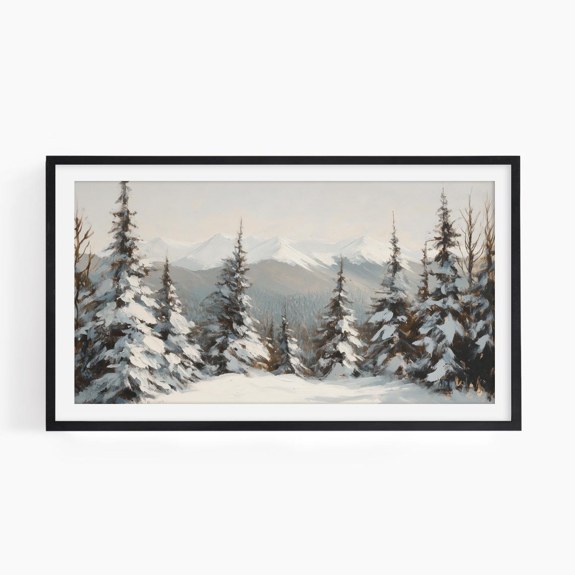 Snowy Pine Forest With Distant Peaks Vintage Winter Landscape Print - Image 2