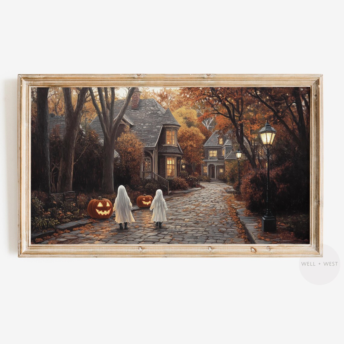 Halloween Fall Village Landscape, Vintage Art Print