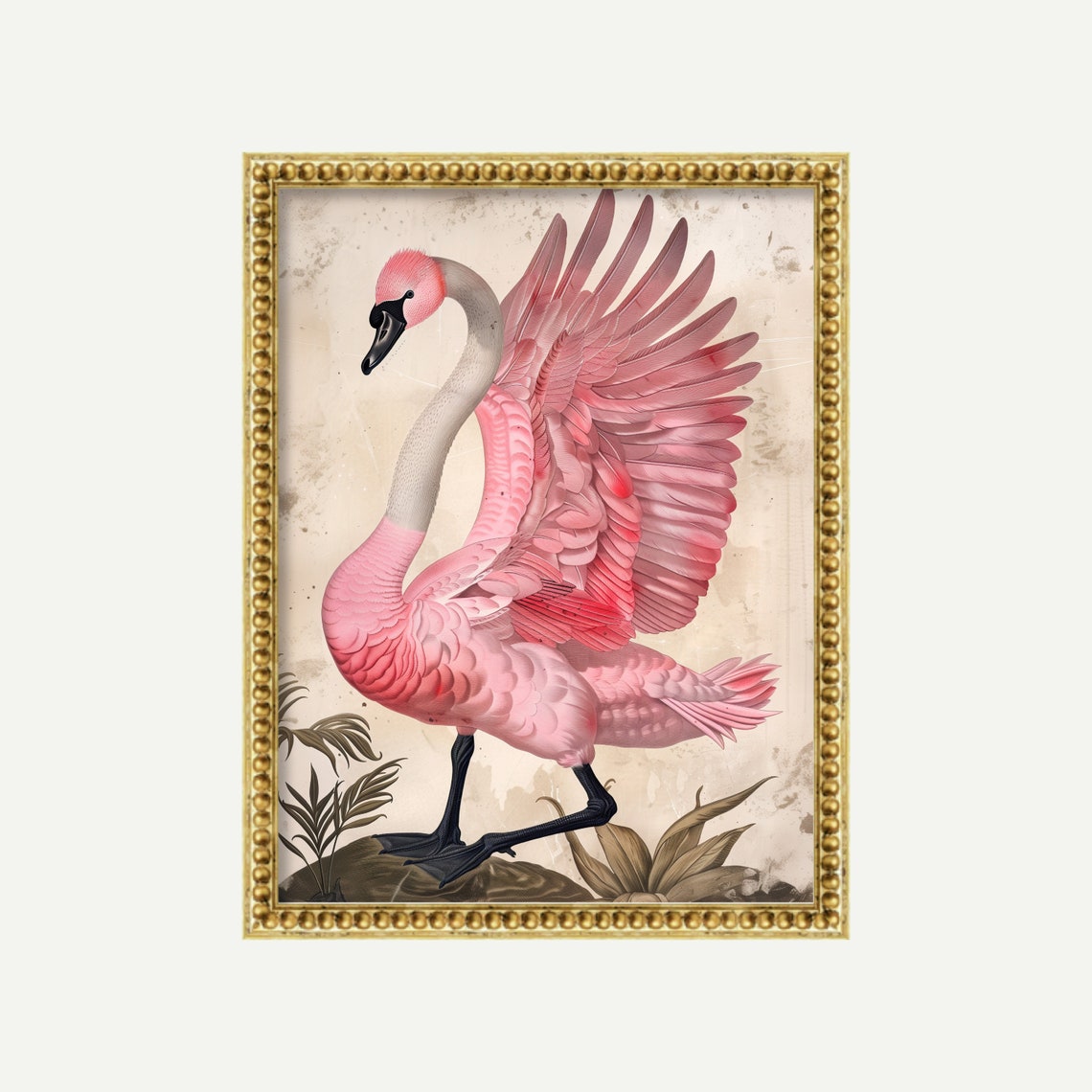 Pink Swan with Spread Wings Vintage Botanical Maximalist Wall Art