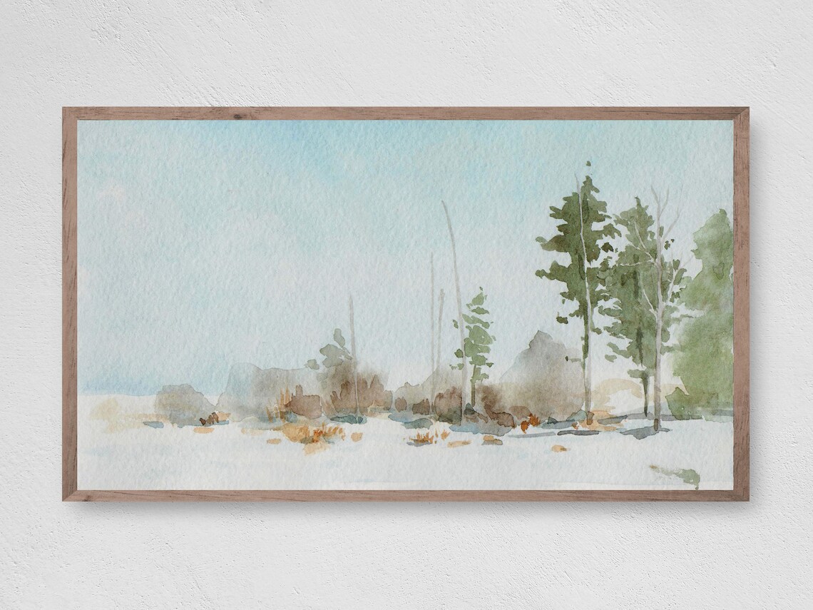 Quiet Winter Forest Watercolor Pale Blue Sky Snowy Pines Minimalist Poster